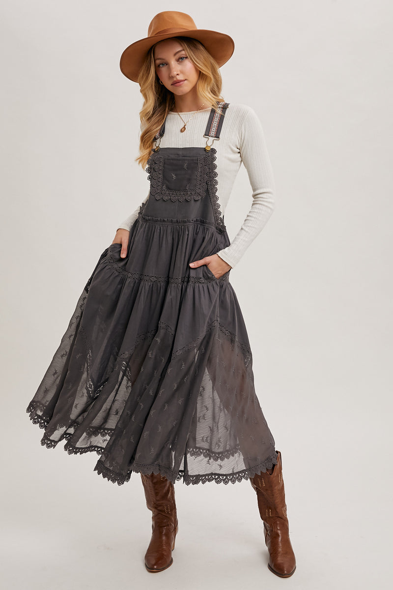 boho overall dress utcoco Women's Summer Laced Embroidered Tulle Bib Overall Dress Casual  Loose Adjustable Straps Sleeveless Maxi Dress (X-Small, Apricot) at Amazon  Women's Clothing store