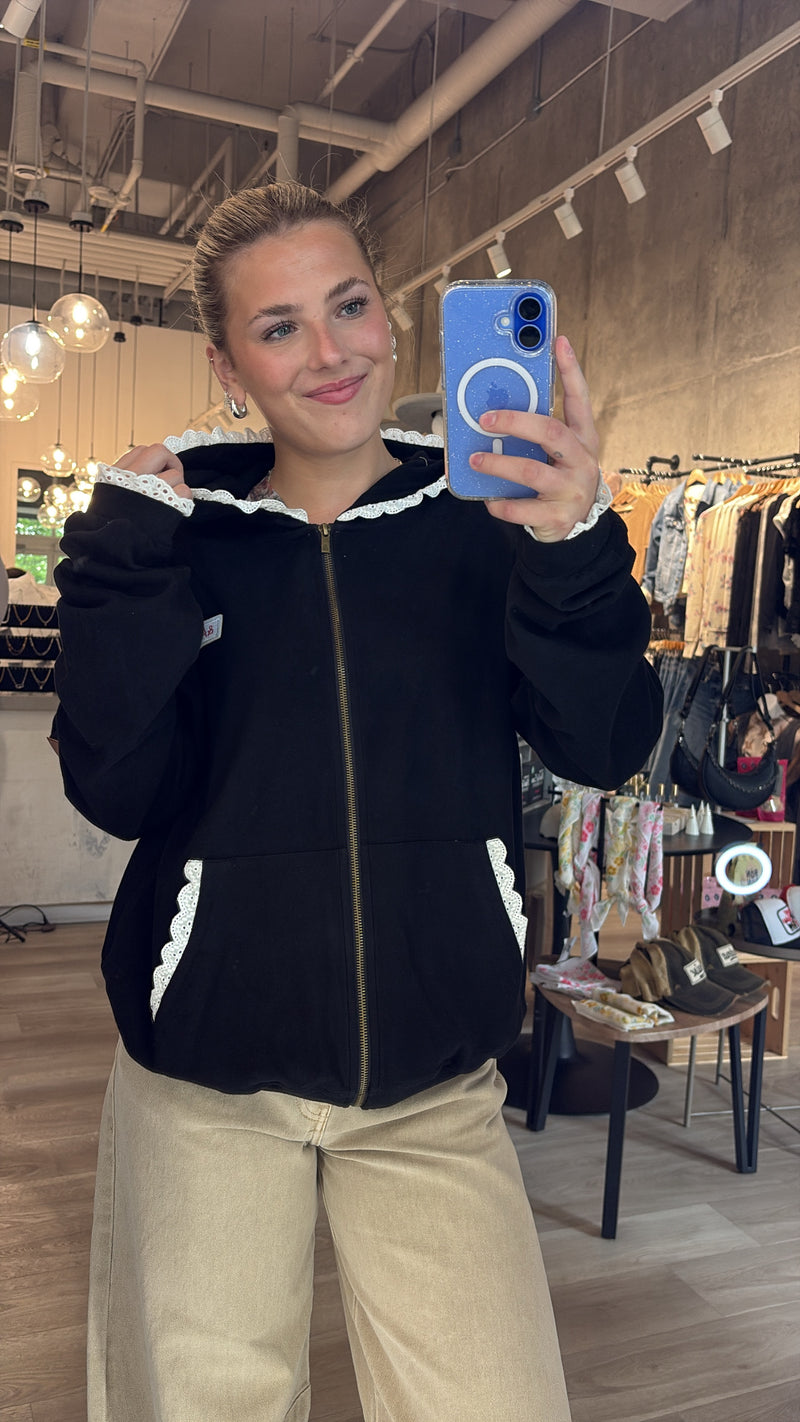 Lace Edge Zip Up Hoodie
