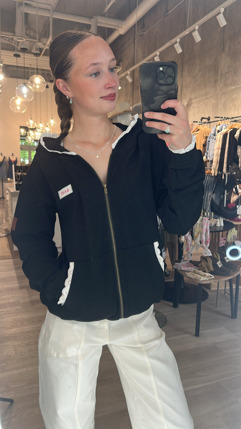 Lace Edge Zip Up Hoodie