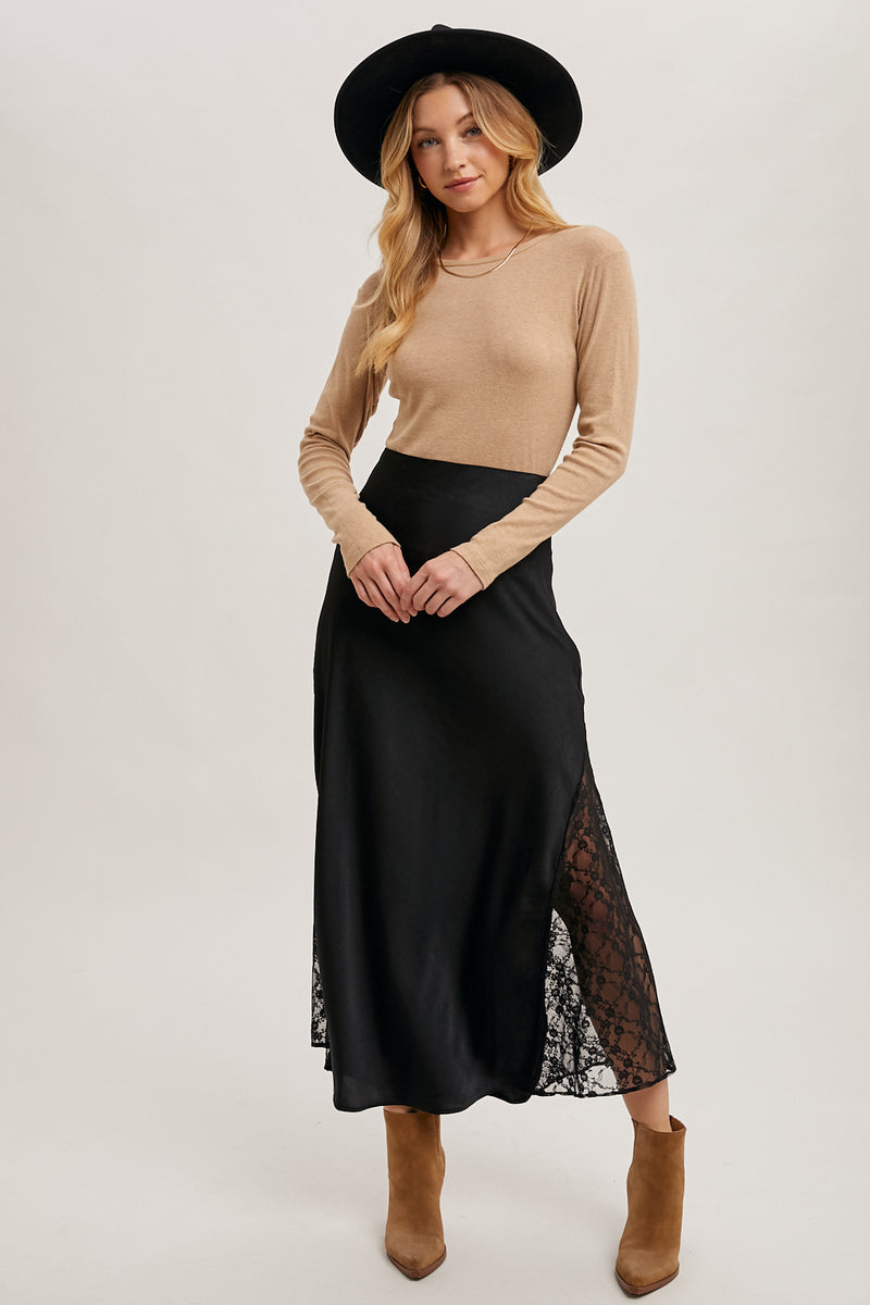 Lace Satin Midi Skirt